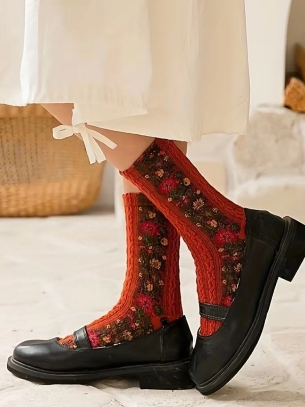 4 Pairs Girls Vintage Floral Cable-Knit Crew Socks